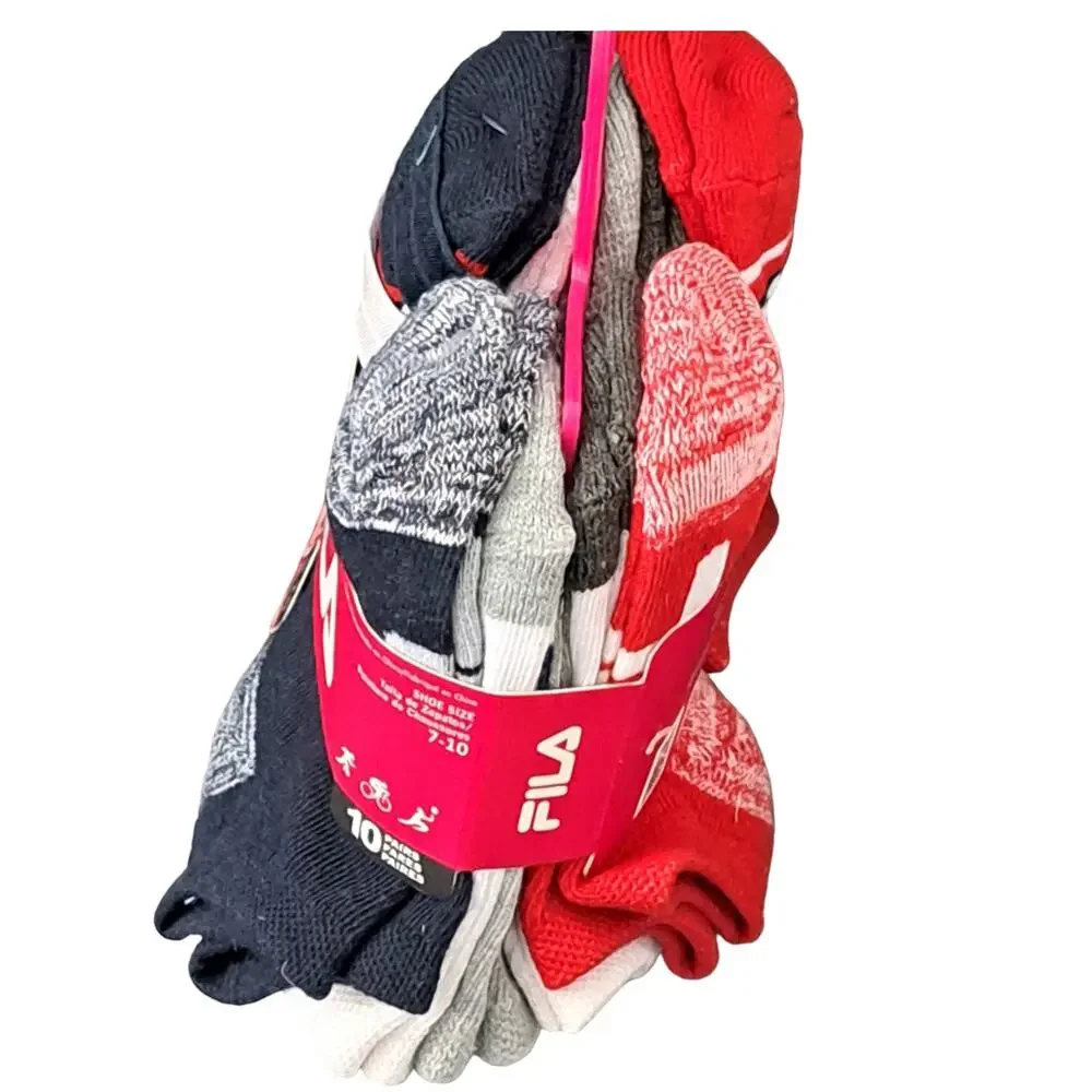 NWT Fila 10 Pairs Comfort Knit Soft Socks Bonus 3 Hair Ties Girls 7 to 10 Shoe